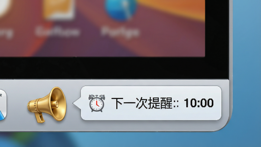 主体:定时喇叭(TimingLaba)在电脑桌面右下角的托盘图标特写,旁边有通知气泡显示“下一次提醒:10:00”。布局:特写镜头聚焦托盘区域,背景为模糊的桌面壁纸。排版:气泡框简洁明了。风格:写实风格,光线自然。细节:托盘图标为金色喇叭形状,气泡中有小闹钟图标。画质:高清,干净无多余元素。