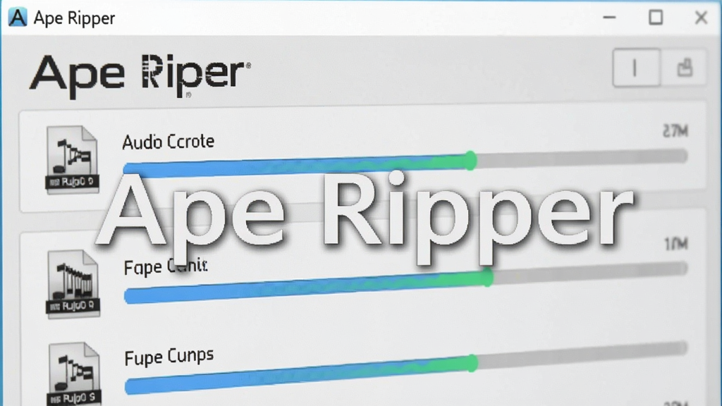 一张展示音频转换过程的特写图片,主体是“Ape Ripper”软件的操作界面,界面上有多个音频文件正在排队转换,进度条呈现动态效果,布局清晰,排版直观,整体风格为浅色简洁风格,强调软件“Ape Ripper”的名称,画质细腻,干净,无多余元素。