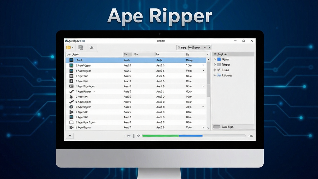一张现代简约风格的软件产品展示图,主体是电脑屏幕中运行的“Ape Ripper”软件界面,界面清晰显示音频文件列表和转换进度条,布局规整,排版专业,背景为深蓝色科技感渐变,突出软件的品牌名称“Ape Ripper”,画质高清,干净,无多余元素。