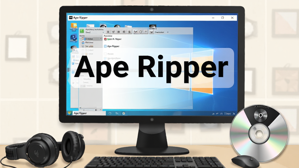 一幅展示软件使用场景的插图,主体是“Ape Ripper”软件在Windows电脑上运行的界面,电脑旁边摆放着耳机和音乐CD,布局和谐,排版自然,风格偏向写实生活化,重点突出软件名称“Ape Ripper”,画质清晰,干净,无多余元素。