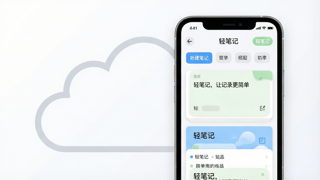 主体:一部亮着屏幕的智能手机,屏幕上清晰显示“轻笔记”APP的简洁主界面,界面顶部有“新建笔记”按钮和几个分类标签。布局:手机位于画面中央偏右,左侧留白区域用浅灰色线条勾勒出一个巨大的云朵轮廓,象征云端同步。排版:手机屏幕内的笔记列表采用卡片式排版,错落有致。风格:扁平化现代风格,整体色调以清爽的蓝白色为主,搭配淡绿色作为点缀色,营造出清新、高效、有序的视觉感受。细节:屏幕中一张笔记卡片上写着“轻笔记,让记录更简单”的字样,界面图标清晰可辨,背景干净。画质:4K高清,细节丰富,色彩过渡自然,干净,无多余元素。