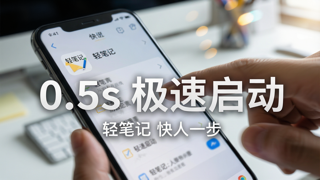 主体:一张动态模糊的照片,抓拍手指在手机屏幕上快速点击“轻笔记”图标的瞬间,应用瞬间展开。布局:画面主体为手机屏幕特写,背景是模糊的办公桌环境,突出“快”的主题。排版:手机屏幕上用半透明的白色大字显示“0.5s 极速启动”字样,下方有一行小字“轻笔记 快人一步”。风格:充满科技感与速度感,使用高速摄影风格,光线明亮,焦点锐利。细节:手机屏幕上可以隐约看到笔记列表的轮廓,背景光斑营造出运动氛围。画质:高清,动态感强,画面干净,无多余元素。