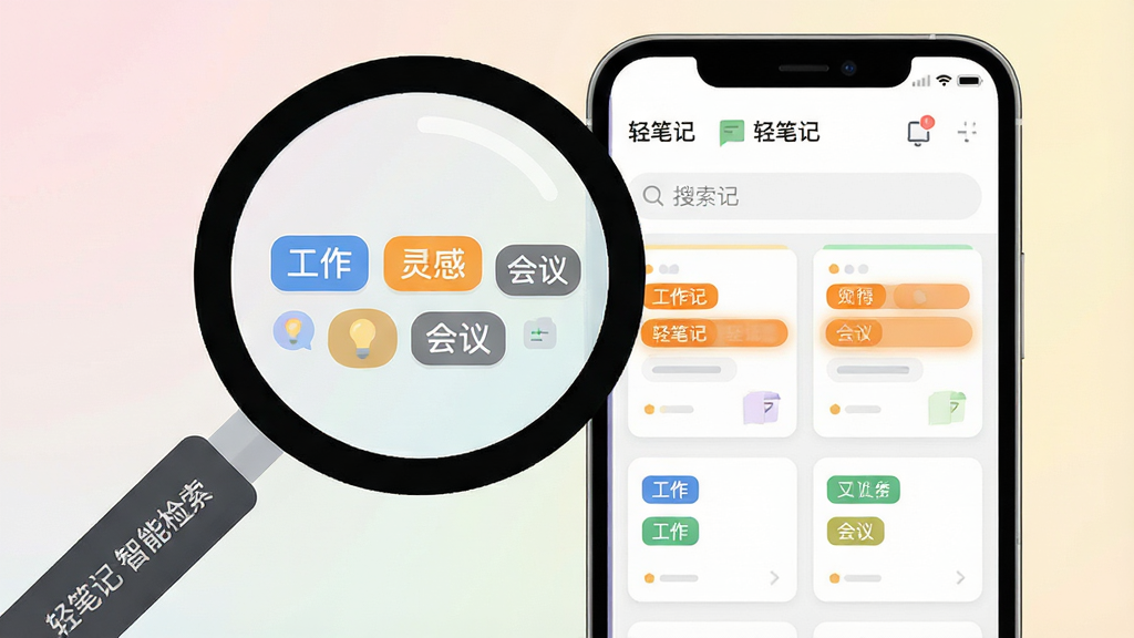 主体:一个放大镜图标正对着手机屏幕上的“轻笔记”应用界面,屏幕上展示着搜索框以及分类清晰的标签云,如“工作”、“灵感”、“会议”。布局:放大镜位于画面左侧,右侧是手机屏幕,屏幕内高亮显示搜索结果。排版:手机屏幕上方是搜索框,下方是排列整齐的笔记卡片,卡片上带有不同颜色的标签。风格:扁平化风格,界面清晰,逻辑感强,背景为柔和的渐变色。细节:放大镜手柄上刻着“轻笔记 智能检索”字样,搜索结果用橙色高亮标注。画质:高清,色彩舒适,界面显示细腻,干净,无多余元素。