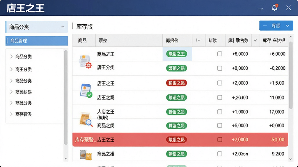 主体:店王之王进销存收银软件正式版的库存管理界面,显示商品列表和库存数量。布局:左侧为商品分类,右侧为库存明细表格。排版:表格数据整齐,库存状态用彩色标签标注。风格:清爽简洁,数据可视化。细节:屏幕左上角有“店王之王”字样,库存预警行用红色高亮。画质:高清,干净,无多余元素。