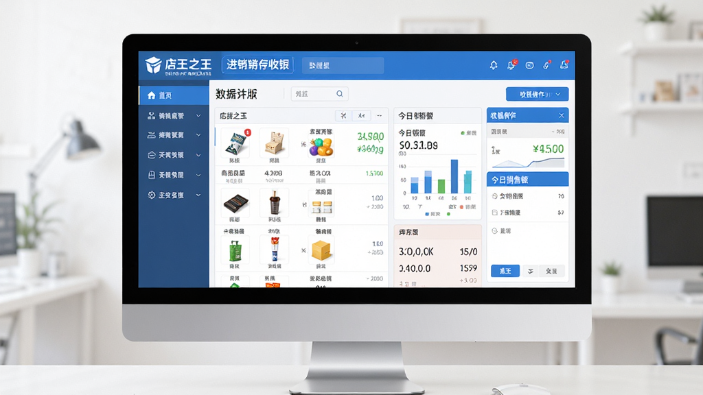 主体:店王之王进销存收银软件正式版在电脑屏幕上运行,主界面展示清晰的商品列表、库存预警和今日销售额数据。布局:左侧功能导航栏,右侧数据仪表盘和收银操作窗口。排版:界面整洁有序,功能分区明确。风格:现代商务风格,蓝白主色调,扁平化设计。细节:屏幕中显示“店王之王”Logo和“进销存收银”字样,数据图表清晰可见。画质:高清,干净,无多余元素。