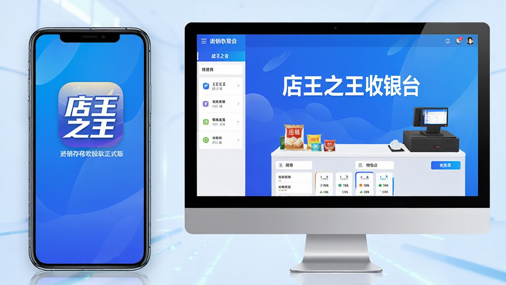 主体:手机和电脑同时显示店王之王进销存收银软件正式版的界面,手机端展示销售报表,电脑端展示收银台。布局:手机在左,电脑在右,形成对比。排版:画面平衡,突出双端同步。风格:科技感,蓝色调。细节:手机屏幕上有“店王之王”应用图标,电脑屏幕显示“店王之王收银台”字样。画质:高清,干净,无多余元素。