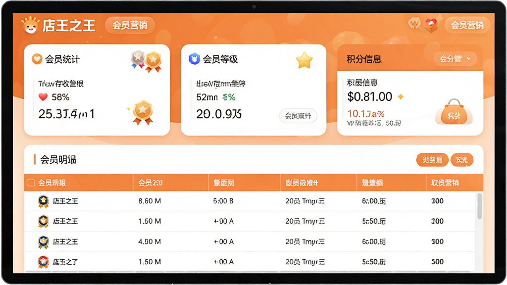 主体:店王之王进销存收银软件正式版的会员管理界面,展示会员列表和积分信息。布局:上方为会员统计卡片,下方为会员明细表格。排版:卡片式布局,数据清晰。风格:温暖亲和,橙色点缀。细节:屏幕显示“店王之王”Logo和“会员营销”模块,会员等级用不同颜色徽章展示。画质:高清,干净,无多余元素。