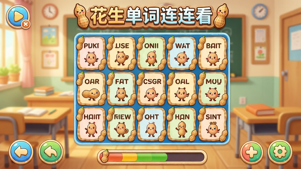 主体:卡通精灵风格的花生单词连连看界面,中央是色彩鲜艳的单词卡片连连看棋盘,卡片上印有英文单词和对应图片,背景是温馨的教室场景。布局:主界面居中,周围有功能按钮和进度条,整体层次分明。排版:卡片排列整齐,单词清晰可读,按钮布局合理。风格:清新卡通,色彩明亮,符合儿童与青少年审美。细节:卡片边缘有花生造型装饰,顶部有“花生单词连连看”标题。画质:高清渲染,干净,无多余元素。