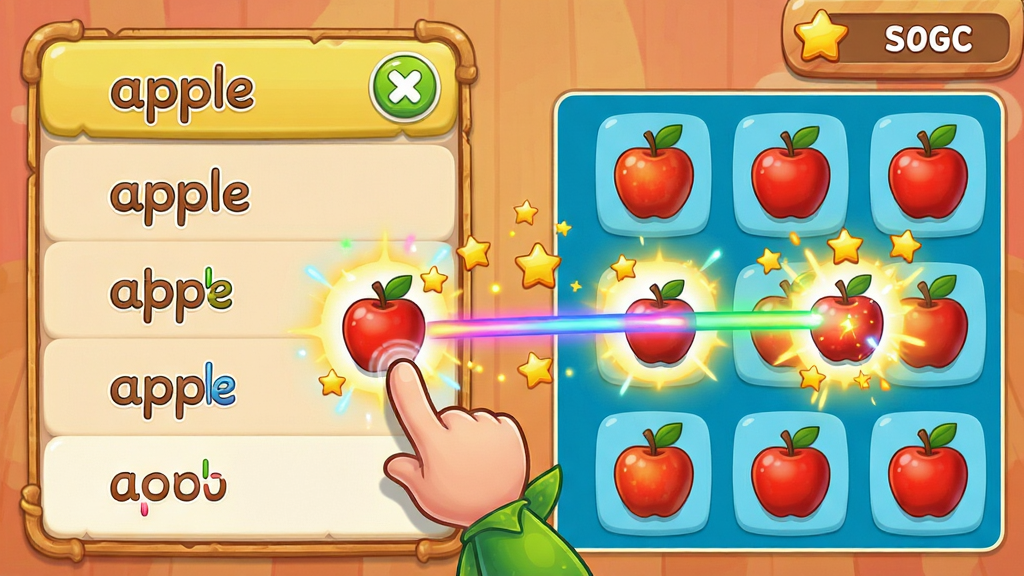 主体:游戏界面中,一个卡通小精灵手指点击屏幕,将“apple”单词与红苹果图片连线,连线发光并消除。布局:左侧是单词列表,右侧是图片区域,中间有彩色连线动画。排版:单词和图片大小适中,操作图标清晰。风格:活泼卡通,色彩鲜明。细节:消除时有星星特效,右上角显示得分。画质:精细,干净,无多余元素。