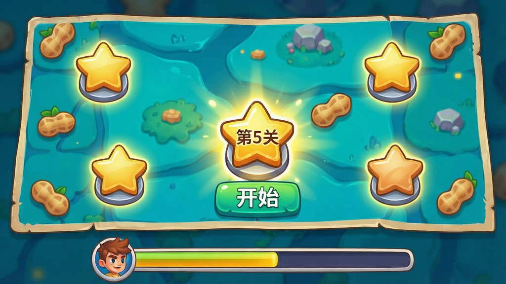 主体:关卡选择地图,上面有多个星星标记的关卡节点,其中一个节点被点亮,显示“第5关”和“开始”按钮。布局:地图横向展开,下方有进度条和角色头像。排版:关卡节点大小均匀,文字清晰。风格:卡通冒险风,色彩丰富。细节:地图上有花生形状的装饰,节点有光效。画质:细腻,干净,无多余元素。