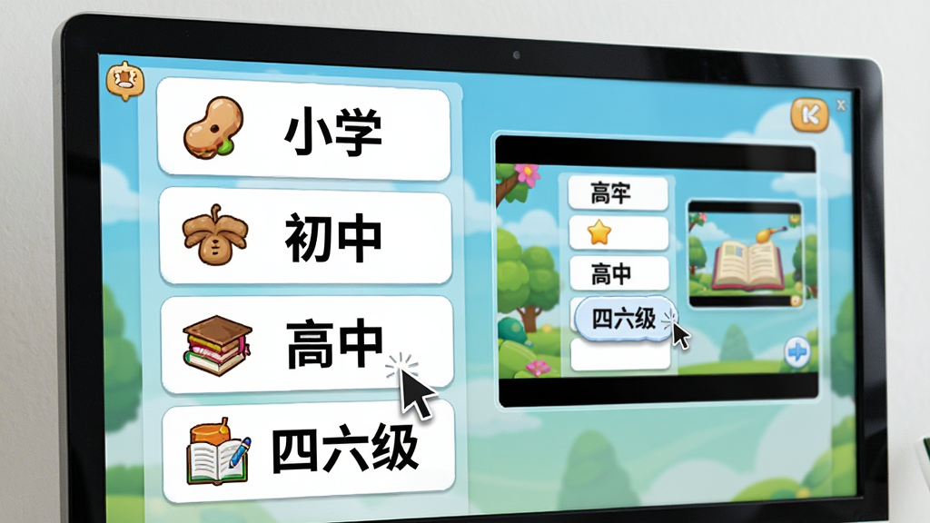 主体:电脑屏幕上显示花生单词连连看(精灵版)的词库选择界面,列表中有“小学”“初中”“高中”“四六级”等标签,每个标签配有代表性图标。布局:列表纵向排列,右侧有预览窗口。排版:字体清晰,标签醒目。风格:简洁明亮,教育感强。细节:鼠标指针悬停在“四六级”标签上。画质:高清,干净,无多余元素。