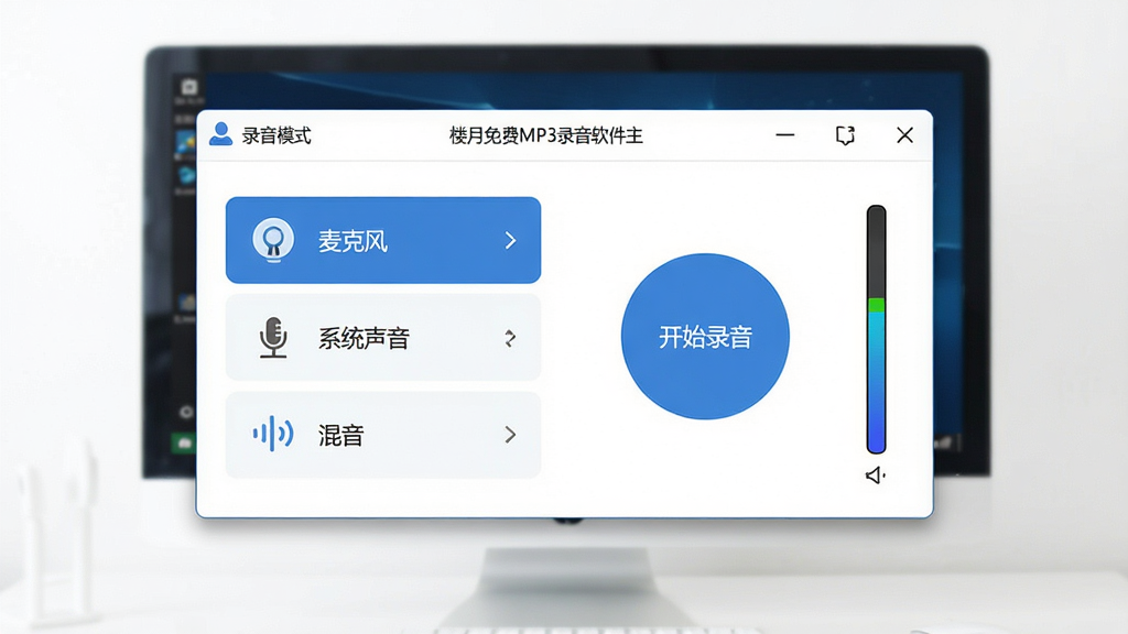 主体:楼月免费MP3录音软件主界面悬浮在电脑屏幕中央,布局:界面简洁,左侧为录音模式选择(麦克风、系统声音、混音),右侧为录音按钮和音量指示条,排版:扁平化设计,功能图标清晰排列,风格:现代科技感,蓝白主色调,细节:界面显示“开始录音”按钮,画质:高清,干净,无多余元素