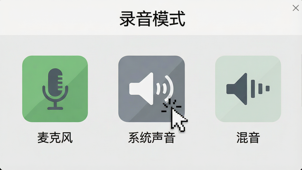 主体:楼月免费MP3录音软件录音模式选择界面,布局:界面顶部显示“录音模式”标题,下方三个大图标分别标注“麦克风”“系统声音”“混音”,排版:图标横向排列,每个图标下方有文字说明,风格:扁平化,浅灰色背景,细节:鼠标悬停在“混音”图标上,画质:高清,干净,无多余元素