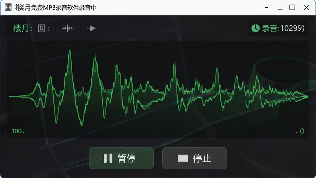 主体:楼月免费MP3录音软件录音中界面,布局:界面中央显示动态音量波形图,下方为“暂停”“停止”按钮,右上角显示录音时长,排版:波形图占据主要区域,按钮清晰可见,风格:深色背景,波形为绿色线条,细节:波形图有起伏,按钮带有图标,画质:高清,干净,无多余元素