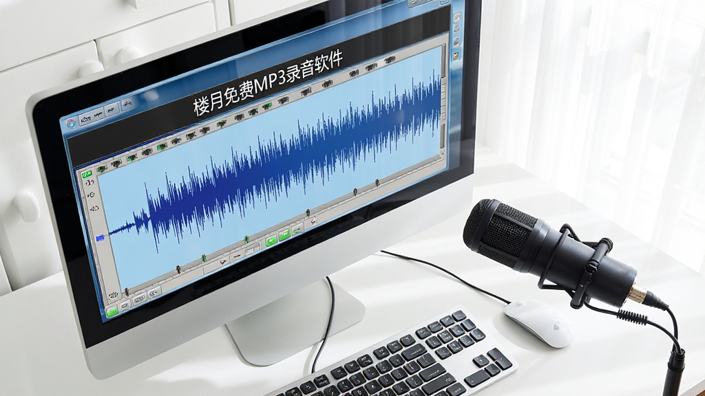 主体:电脑上运行楼月免费MP3录音软件,旁边有麦克风,布局:电脑屏幕显示录音波形,麦克风放在键盘旁,排版:俯视角度,电脑和麦克风清晰可见,风格:写实,光线明亮,细节:屏幕上有“楼月免费MP3录音软件”字样,画质:高清,干净,无多余元素