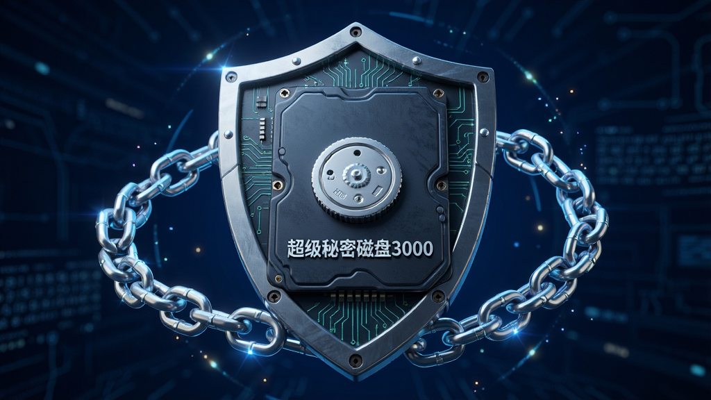 主体:一个盾牌图标与硬盘融合,周围环绕数字锁链,背景为深蓝色科技感空间。布局:盾牌居中,锁链环绕硬盘,四周有光效点缀。排版:中心构图,视觉焦点集中。风格:3D渲染,高细节,科技感。细节:硬盘表面有电路纹理,锁链泛着金属光泽,盾牌上有“超级秘密磁盘3000”字样。画质:8K超清,干净,无多余元素。