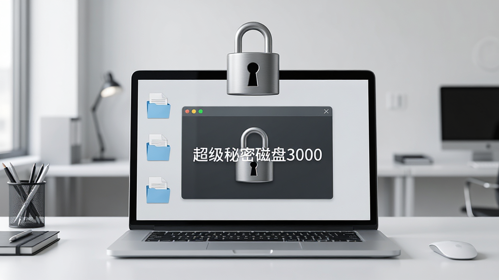 主体:一台笔记本电脑屏幕显示加密磁盘界面,旁边有一个锁形图标,桌面上有文件图标。布局:电脑居中,锁形图标悬浮在电脑上方。排版:中央构图,背景为简约办公室。风格:写实,自然光。细节:屏幕上有“超级秘密磁盘3000”字样,锁形图标有钥匙孔。画质:高清,干净,无多余元素。