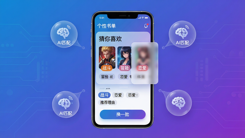 主体:漫画集智能推荐页面,手机屏幕显示个性化书单。布局:中央为手机模型,屏幕内展示“猜你喜欢”模块,下方为推荐理由标签。排版:手机居中,周围悬浮圆形图标,标注“AI匹配”。风格:科技感蓝紫渐变背景,玻璃拟态卡片,未来风。细节:推荐卡片上标注“战斗”“冒险”“恋爱”等标签,屏幕下方有“换一批”按钮。画质:高清晰度,干净无杂物。