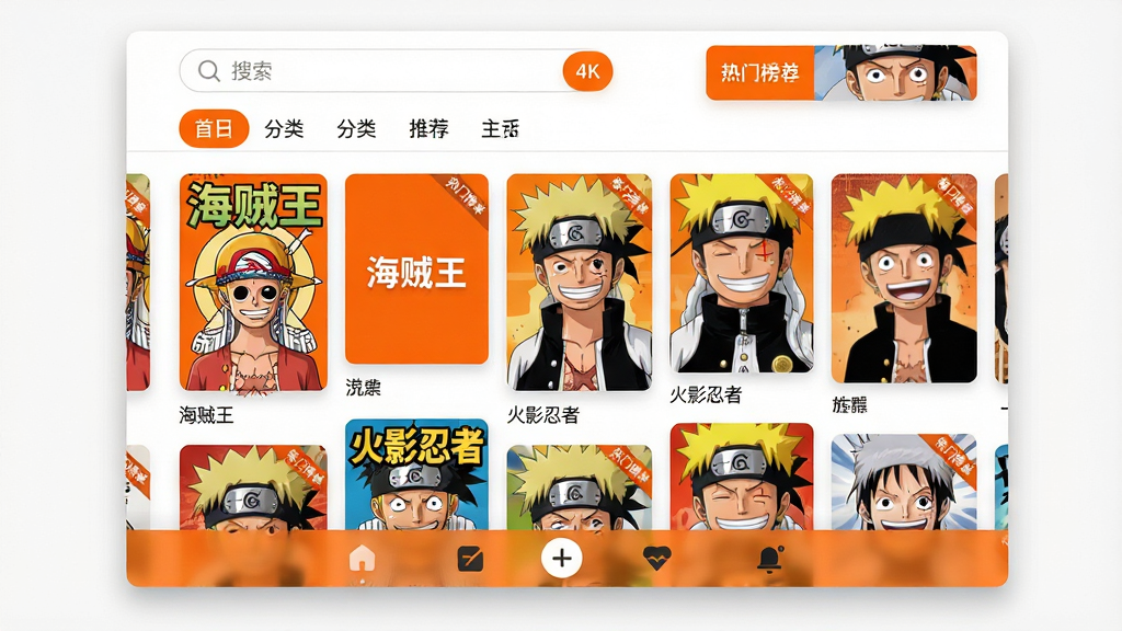 主体:漫画集软件主界面,展示书架与推荐横幅。布局:上方为搜索栏与分类标签,中间为滚动封面墙,下方为底部导航。排版:卡片式布局,封面横竖交错,标题清晰。风格:扁平化设计,明亮橙色主调,搭配白色背景,简洁现代。细节:封面图包含“海贼王”“火影忍者”等字样,界面有“每日推荐”“热门榜单”角标。画质:4K超清,干净无多余元素。