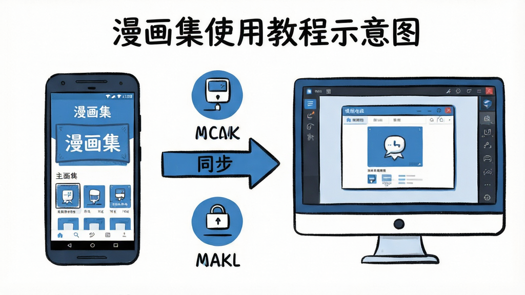 主体:漫画集使用教程示意图,展示手机与电脑连接。布局:左侧为安卓手机,右侧为电脑显示器,中间用箭头连接。排版:分步式流程,每步配有图标。风格:手绘扁平风,蓝白配色,清晰直观。细节:手机屏幕显示“漫画集”主界面,电脑屏幕显示模拟器窗口,箭头标注“同步”。画质:干净整洁,无多余元素。