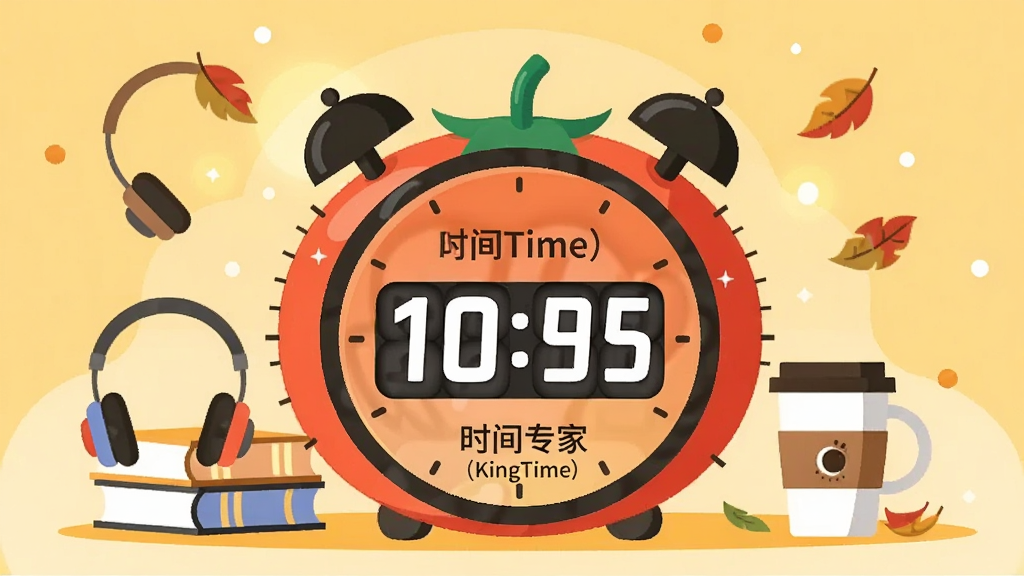 一幅扁平化插画风格图片,主体是一个巨大的番茄钟,内部有数字倒计时,周围环绕着耳机、书本、咖啡杯等物品,背景是柔和的暖黄色,番茄钟上印有“时间专家(KingTime)”字样,布局为中心对称,排版活泼,风格清新,细节包括飘落的树叶与光点,画质干净,无多余元素