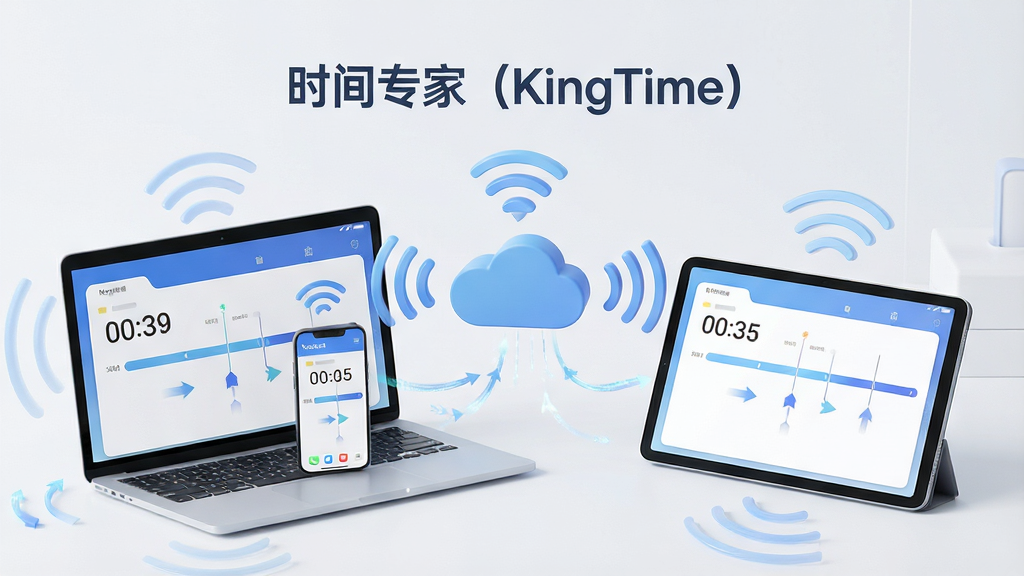 一张展示多设备同步的3D场景图,主体是一台笔记本电脑、一部手机与一台平板呈扇形排列,屏幕中显示相同的时间轴界面,中央有一个云朵图标连接各设备,上方悬浮“时间专家(KingTime)”字样,布局均衡,排版现代,风格科技感,细节包含无线信号波纹与数据流转箭头,画质高清,干净,无多余元素