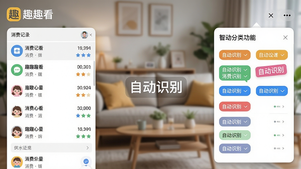 展示趣趣看软件中智能分类功能的界面截图,左侧为消费记录列表,右侧弹出自动分类的标签选项,背景为模糊的家庭客厅环境,画面中突出“趣趣看”品牌名称及“自动识别”字样,整体布局清晰,风格简洁明亮,细节丰富,画质干净。