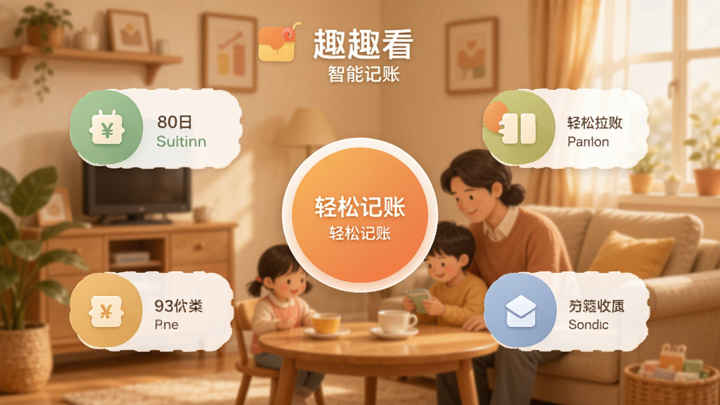 画面展示一款名为“趣趣看”的智能记账应用,主界面以温馨家庭场景为背景,中央悬浮着圆形记账按钮,四周分布着分类清晰的收支图标,整体采用扁平化设计风格,色彩柔和以暖色调为主,界面干净整洁,突出“轻松记账”的核心功能,画质高清,无多余元素。