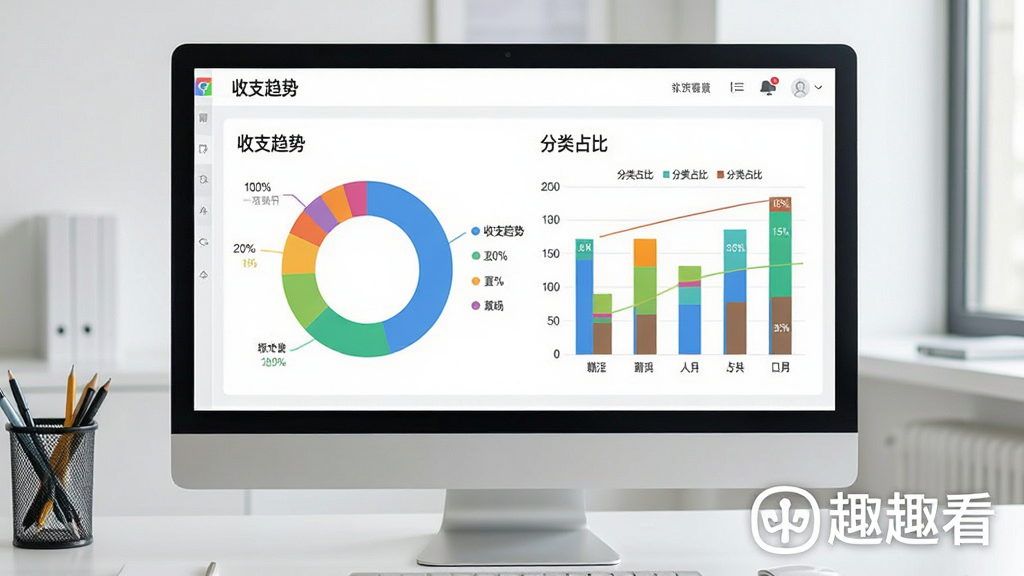 展示趣趣看软件中数据报表的界面,屏幕中央显示彩色环形图与柱状图,图表旁标注“收支趋势”、“分类占比”等字样,背景为简约办公桌面,画面突出“趣趣看”品牌水印,整体风格专业清晰,图表数据可视化,画质高清,无杂乱元素。