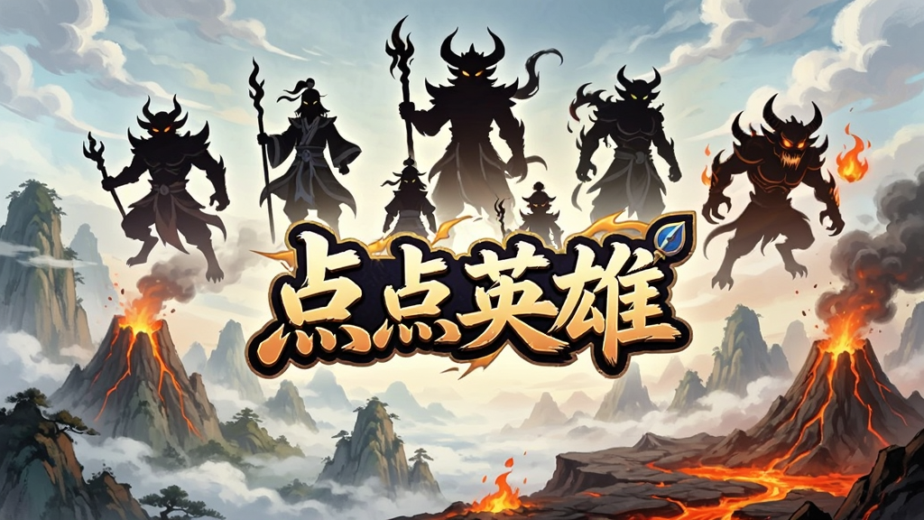 画面中央展示“点点英雄”游戏LOGO,背景是云雾缭绕的仙山与火山地狱交融的奇景,五位师徒剪影化作妖魔姿态浮于天际,整体采用国风手绘风格,色彩鲜明,构图大气,细节丰富,展现三界浩劫的史诗感,画质清晰,干净无多余元素。