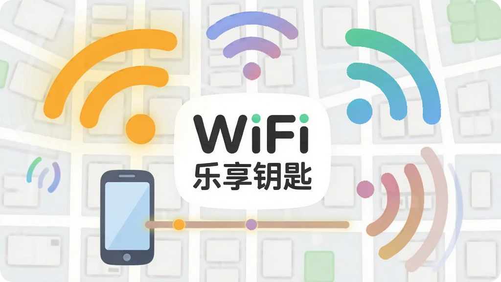 一幅扁平化风格的数字插画,画面中央是“WiFi乐享钥匙”的品牌标识,周围环绕着多个不同颜色的WiFi信号波纹图标,其中最强的一个信号波纹被高亮并连接到一个手机图标上,背景是简洁的网格状城市地图,象征广泛的网络覆盖,布局均衡,风格清新明快,细节圆润,画质干净,无多余元素