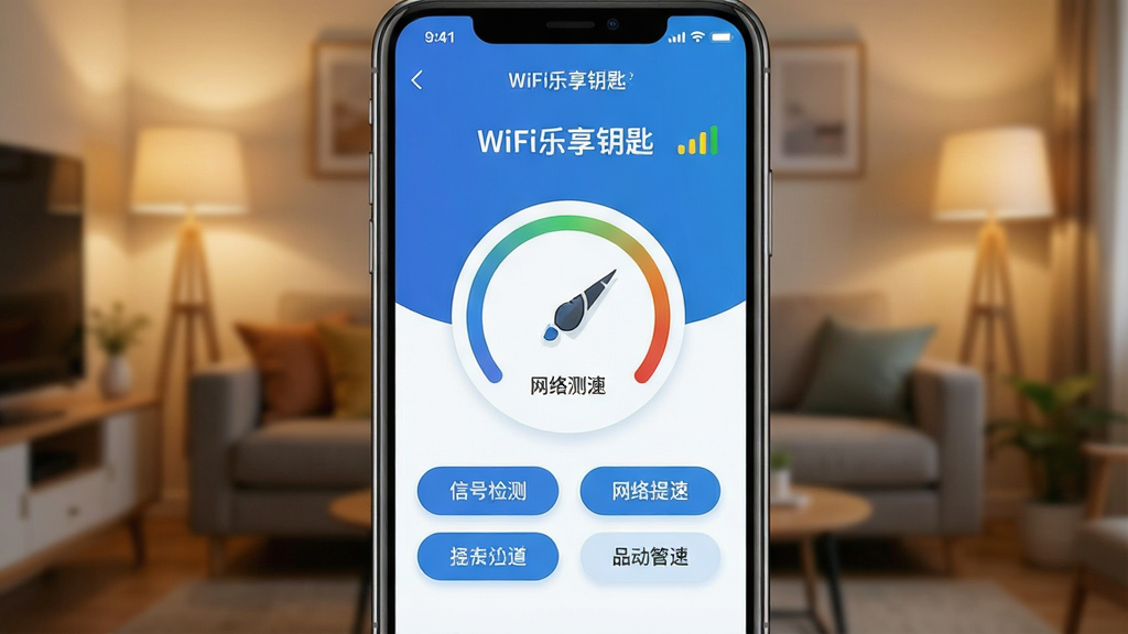 一张智能手机屏幕特写,屏幕上显示“WiFi乐享钥匙”APP的界面,界面风格简洁现代,主色调为蓝色系,顶部显示当前连接的WiFi名称和信号强度图标,中间是一个圆形的网络测速仪表盘,下方排列着“信号检测”、“网络提速”等几个圆角功能按钮,手机背景是模糊的客厅环境,暖色调灯光,画面干净,主体突出,布局清晰,排版规整,风格写实,细节丰富,画质高清,干净,无多余元素