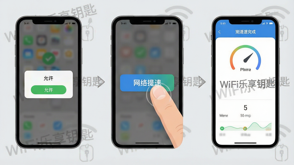 一张分步操作示意图,采用三步图解排版,第一步手机图标上显示点击“允许”权限弹窗,第二步显示“网络提速”按钮被手指按下的特写,第三步显示测速完成的报告界面,图片整体风格为简洁的UI设计图,背景为浅灰色,带有“WiFi乐享钥匙”字样的水印,布局从左到右,逻辑清晰,画质干净,无多余元素