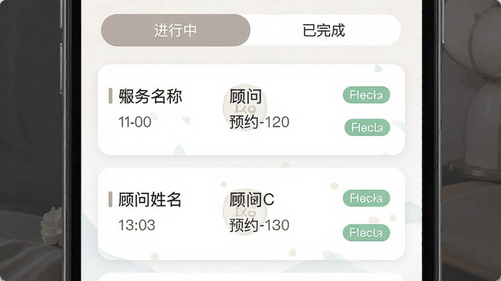 ��Ե��Ӧ���ڶ����б�ҳ�棬���ÿ�Ƭʽ��ƣ�ÿ��������ʾ�������ơ�����������ԤԼʱ�估״̬��ǩ�������С������С���������ɡ�ɸѡ��������ɫ�����ţ���Ϣ�㼶���������������ɾ�