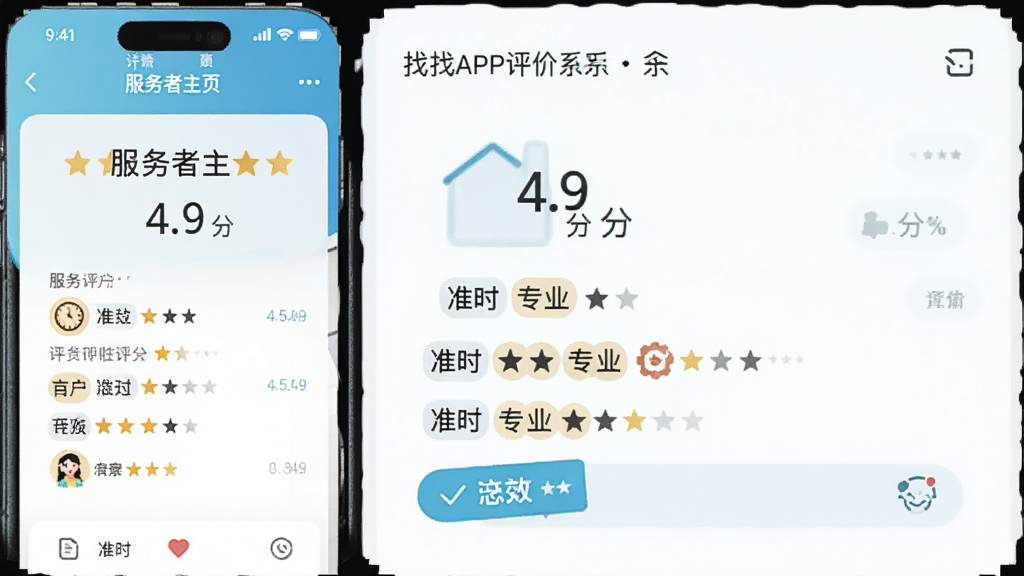 ������APP������ϵչʾ����������ҳ��ʾ����4.9�֣������û����۱�ǩ�硰׼ʱ����רҵ��������ֱ�ۣ������࣬���ʸ��壬�޶���Ԫ��