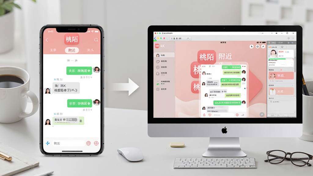 主体:桃陌APP在手机和电脑模拟器上运行的对比图。布局:左侧为手机屏幕展示聊天界面,右侧为电脑显示器展示模拟器界面,中间用箭头连接。排版:双设备并排,背景为浅灰色工作台,有咖啡杯和眼镜。风格:写实风格,光线柔和,设备屏幕显示“桃陌”主界面。细节:手机和电脑屏幕内容清晰,突出“桃陌”LOGO和“附近”标签。画质:4K,干净整洁,无多余元素。