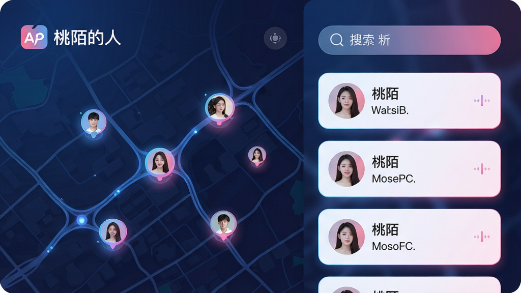 主体:桃陌APP的“附近的人”功能页面,地图上显示多个用户头像光点。布局:左半部分为地图界面,右半部分为列表卡片,顶部搜索栏。排版:地图与列表分屏展示,卡片信息包含头像、昵称、距离。风格:简洁科技感,蓝色与粉色渐变灯光。细节:地图线条清晰,光点闪烁,卡片圆角设计,突出“桃陌”品牌色。画质:高分辨率,光影细腻,无多余元素。