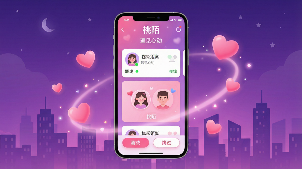 主体:一款名为“桃陌”的手机社交应用界面,手机屏幕显示附近用户卡片和匹配动画。布局:手机居中,周围环绕粉色爱心和光效,背景为渐变的紫色夜空与城市剪影。排版:手机屏幕内卡片式布局,突出“桃陌”LOGO与“遇见心动”字样。风格:现代扁平结合微拟物,整体浪漫唯美,色调以粉色、紫色为主。细节:界面清晰展示用户头像、距离和在线状态,底部有“喜欢”和“跳过”按钮。画质:8K超高清,干净无多余元素。