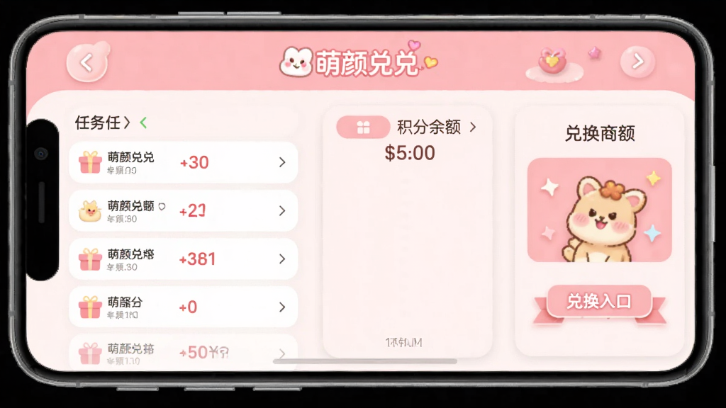 萌颜兑兑APP主界面预览图,展示积分任务列表、积分余额显示、兑换商城入口,界面清新简洁,采用淡粉色与白色为主色调,圆角卡片布局,顶部显示“萌颜兑兑”Logo,整体风格温馨可爱,画质干净,无多余元素