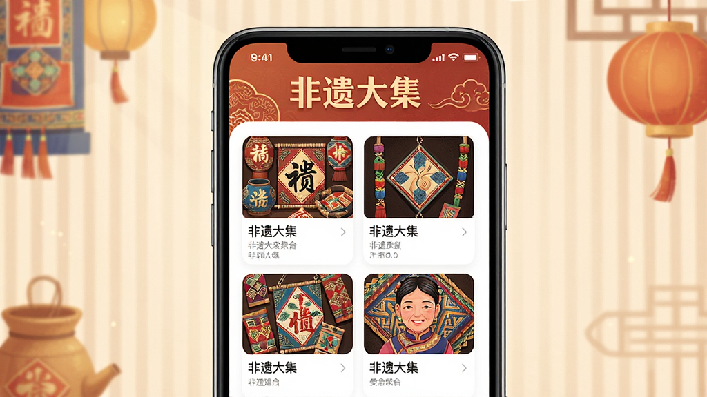 一张展示非遗大集APP核心界面的高清数字插画,主体是手机屏幕内呈现的丰富多彩的非遗项目聚合页面,布局清晰,排版错落有致,风格融合传统与现代,细节丰富,画质清晰干净,无多余元素,画面中突出显示“非遗大集”四个字,整体色调温暖,富有文化气息。