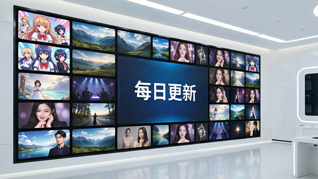 一张展示“灵动主题桌面壁纸”资源库的室内场景图,画面主体是一面巨大的电子展示墙,墙上以网格形式整齐排列着各种风格的壁纸缩略图,包括动漫、风景、明星等,中央大屏显示“每日更新”字样,整体环境明亮整洁,科技感十足,布局规整,风格现代,画质清晰,干净无多余元素。