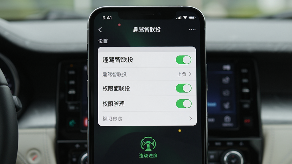 主体:手机连接车机后的设置界面,显示“趣驾智联投”的权限管理选项。布局:手机屏幕居中,下方有连接状态图标。排版:设置项清晰,有开关按钮。风格:简洁、实用。细节:屏幕上有“趣驾智联投”字样,权限开关为绿色,画面干净。画质:高清,干净,无多余元素。