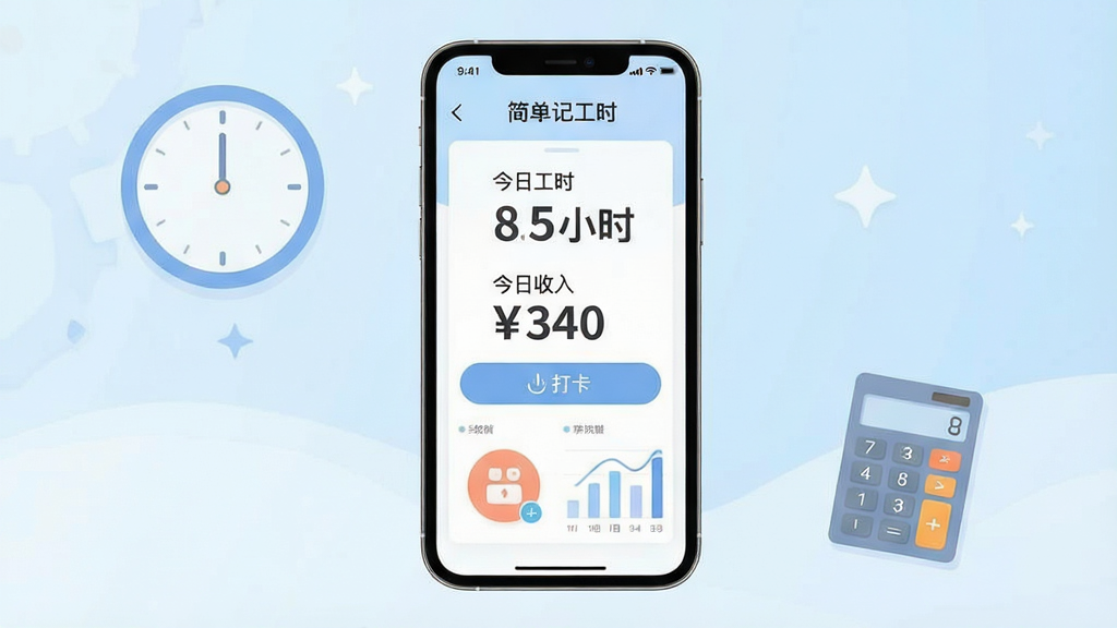 画面中央展示一部手机,手机屏幕亮起,显示「简单记工时」主界面,上方有“今日工时 8.5小时”“今日收入 ¥340”大字,下方有打卡按钮和统计图表。背景为淡蓝色渐变,搭配简洁的时钟和计算器元素。整体排版干净明亮,扁平化风格,色彩柔和,画质清晰,无多余元素。