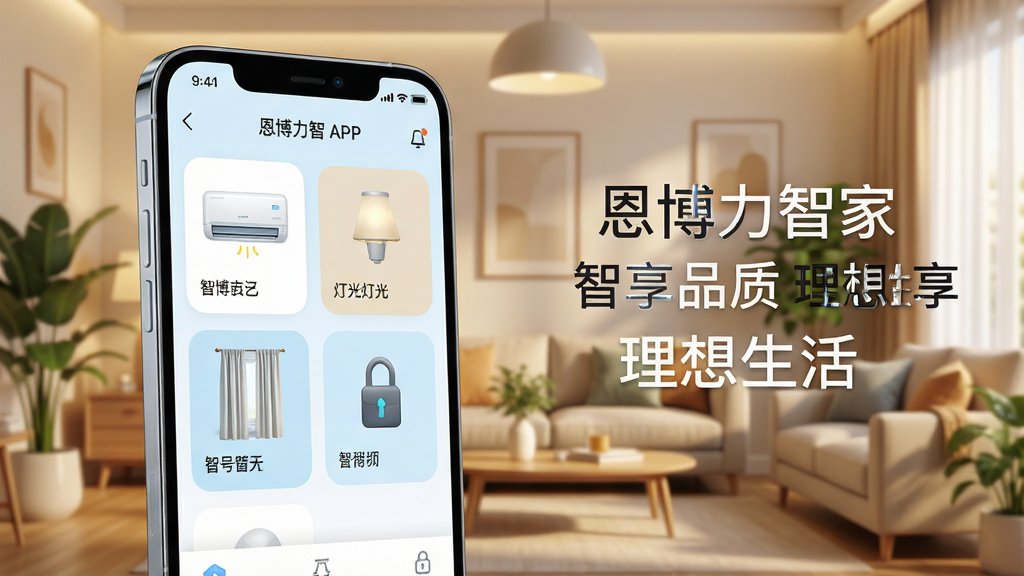 主体:智能手机屏幕显示恩博力智家APP主界面,界面包含多个智能设备卡片(空调、灯光、窗帘、门锁),背景是温馨的现代客厅,暖色调灯光。布局:手机居中偏左,右侧留白放置文字“恩博力智家 智享品质 理想生活”。排版:上下结构,上方为APP界面特写,下方为宣传标语。风格:科技感与家居感融合,明亮通透,色彩以白色、浅木色、淡蓝色为主。细节:设备图标清晰,界面圆角卡片设计,手机边缘有细微反光,客厅有绿植点缀。画质:8K超清,细节丰富,干净,无多余元素。