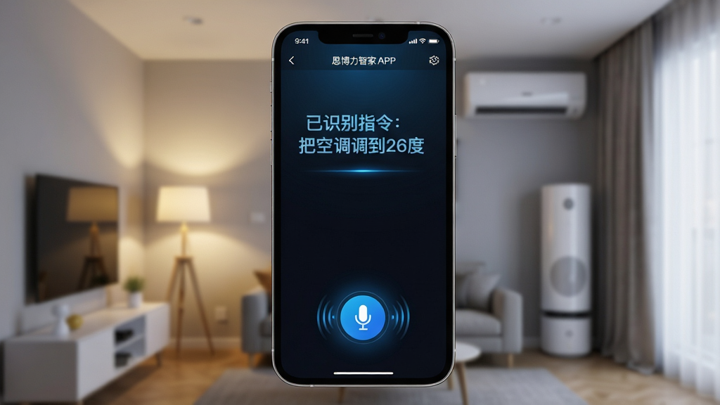 主体:手机屏幕显示恩博力智家APP的语音控制界面,界面下方有麦克风图标,上方显示“已识别指令:把空调调到26度”。布局:手机居中,背景为模糊的智能家居场景(灯光、空调、窗帘)。排版:上下结构,上方为语音识别结果,下方为麦克风按钮。风格:科技感,深色背景配蓝色光效。细节:识别文字清晰,麦克风图标有脉冲波纹,背景设备虚化处理。画质:超清,干净,无多余元素。