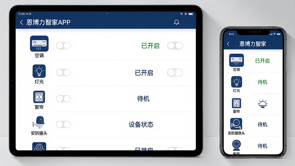 主体:一部平板电脑和一部手机并排摆放,屏幕中显示恩博力智家APP的设备列表页,列表中有空调、灯光、窗帘、安防摄像头等图标。布局:设备从屏幕左侧延伸到右侧,形成横向排列,背景为简洁的浅灰色墙面。排版:左侧为设备图标列表,右侧为设备状态文字(如“已开启”“待机”)。风格:商务极简风格,线条干净,配色以深蓝和白色为主。细节:每个设备图标下方有名称和开关状态,平板和手机屏幕内容相同,体现多端同步。画质:高清渲染,干净,无多余元素。