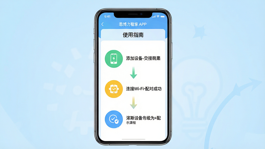 主体:手机屏幕显示恩博力智家APP的“使用指南”页面,页面以步骤图形式展示“添加设备-连接Wi-Fi-配对成功”流程。布局:手机居中,背景为浅蓝色渐变,步骤图用箭头连接。排版:上下排列,每个步骤有图标和文字说明。风格:清新教学风,界面友好,色彩明亮。细节:步骤图标为圆形,颜色区分(绿色、黄色、蓝色),文字简洁。画质:高清,干净,无多余元素。