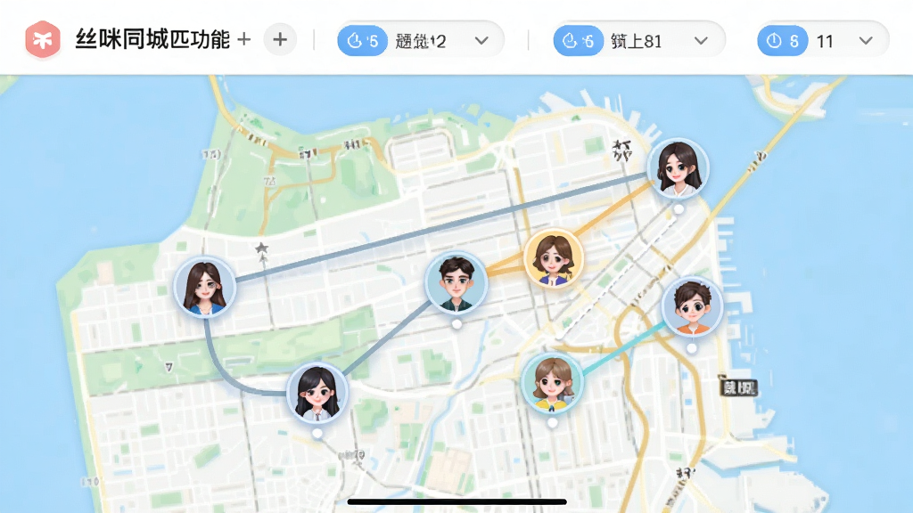 丝咪同城匹配功能截图,地图上分布着用户头像,有连线表示匹配关系,界面带有筛选条件栏,风格清新,色彩明快,细节丰富,画质清晰,干净无多余元素