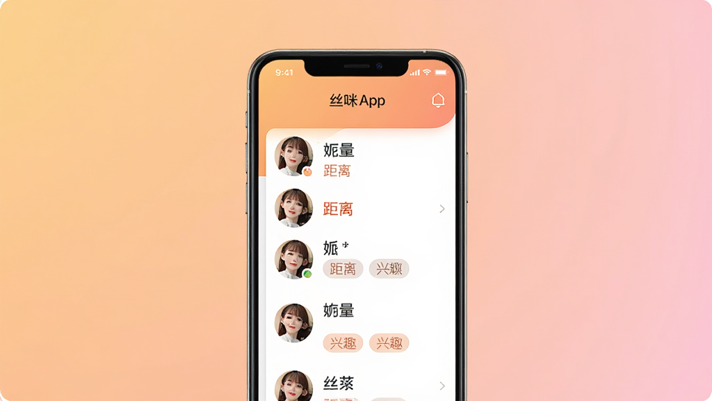 丝咪APP主界面预览图,手机屏幕显示附近的人列表,包含头像、昵称、距离和兴趣标签,背景为温馨的渐变色,整体布局清晰,风格现代简约,UI设计精致,画质高清,干净无多余元素