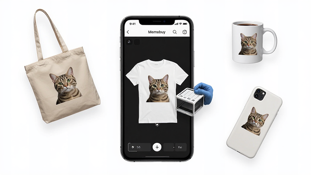 һ��չʾMemebuy�������Ĺ��ܵĿ�������ͼ������������һ�������ֻ����棬��Ļ����ʾ�Ž�è����Ƭ��ק����ɫT���ϵ���Ʋ�������ΧƯ����ӡ��ͬ��ͼ���ķ����������˱����ֻ��ǵȶ��Ƴ�Ʒ�������������Ű��ִ������������Լ��ϸ�ڷḻ�����ʸɾ����޶���Ԫ�ء�